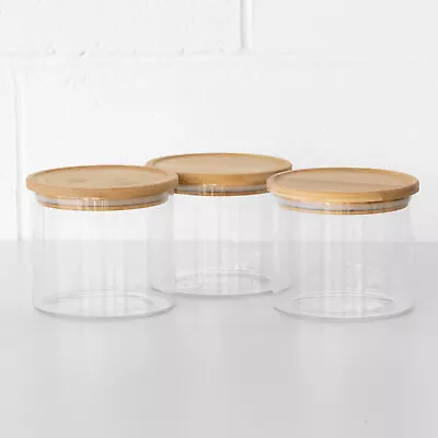 Buy Set Of 3 Small 950ml Glass Storage Jars With Wooden Lids Kitchen Canisters Pots • 19.95£