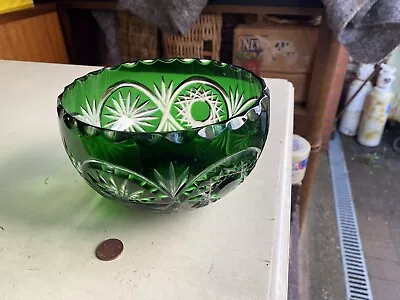 Buy Large Antique Vintage Crystal Cut Glass Clear & Green Fruit Serving Bowl  • 0.99£