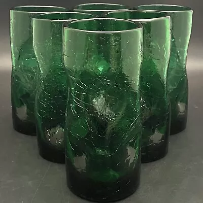 Buy Rainbow Glass Green Pinched Dimple Handled Crackle Tumblers 6pc 1954-73 USA 6 T • 126.79£