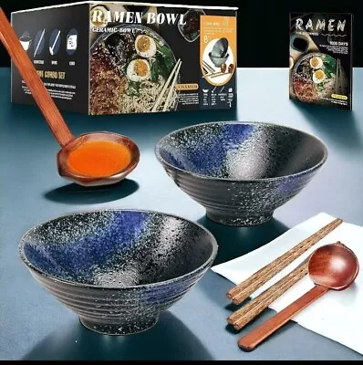 Buy Japanese Ramen Bowls 2 Set - 1000 Ml With Chopsticks Spoons -Ceramic Pho Noodle • 14.88£