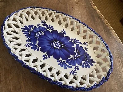 Buy VINTAGE Hand Painted PORTUGUESE Blue And White Floral Pottery Basket Dish Plate • 25£