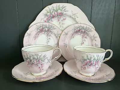 Buy 2 Rare Vintage Paragon Pink Blossom Flower Bone China Tea Cup Trios & Cake Plate • 7.50£