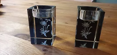Buy Pair Of Solid Glass Tealight Holders - With A View Through Black Flower Design • 3£