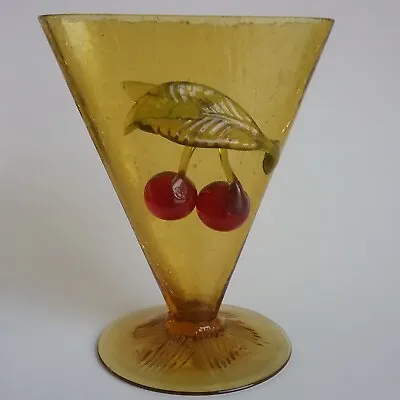 Buy Amber Crackle Glass Fan Vase Applied Cherries • 42.82£
