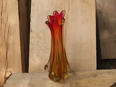 Buy Vintage Red/Orange Finger Swung Vase Mid Century Hand Blown 30cm • 9.99£