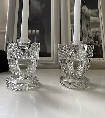 Buy Pair Art Deco Glass Candlestick Holders Flip Tapered & Pillar Vintage • 12.99£