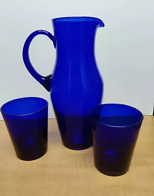 Buy Vintage Cobalt Blue Glass Pitcher Height 10.5 & 2 Libbey Glasses Height 4.5  • 42.44£