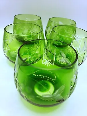 Buy Bohemian Czech Green Cut To Clear Crystal Set Of 5 Roly Poly Glasses  • 46.98£