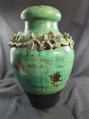 Buy Vintage Antique Turquoise Green Flambe Glazed Floral Martaban Storage Jar Vase • 75.90£