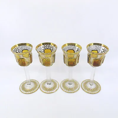 Buy MOSER Style Set 4 Crystal Cordial Glasses Amber Cabochons Signed Czechoslovakia • 233.52£