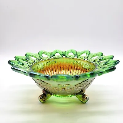 Buy Antique Northwood Green Carnival Glass Reticulated Bowl Wild Rose Pattern Rare • 61.64£