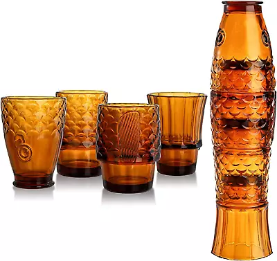 Buy Set/4 Koi Fish Design Drinking Glasses, Stackable Amber Tumbler Glasses Beverage • 31.77£