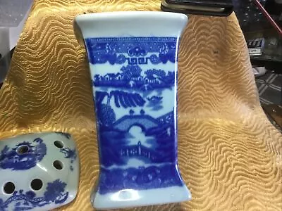 Buy Vintage Ironstone Pottery Blue & White Flower Vase 9 1/4  High 5  Across Top  • 15£