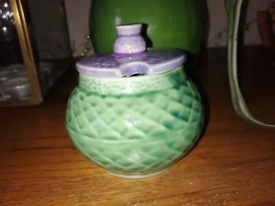 Buy Made In Scotland Small Thistle Design Glazed Green & Lilac Lidded Sauce Pot • 9.99£