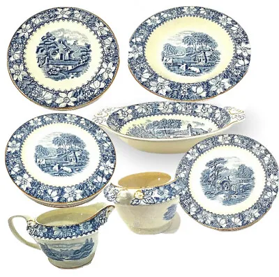 Buy Enoch Woods Burslem 27 PC Blue & White Colonial Scene  Dinnerware Set England • 66.53£