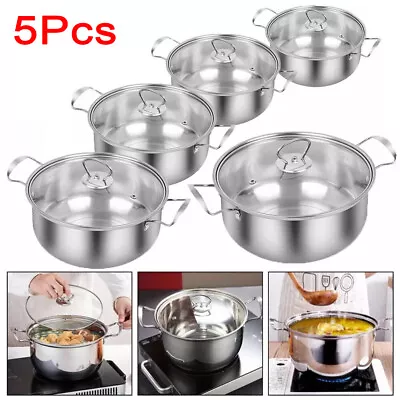 Buy Stainless Steel Cookware 5pcs Hob Stockpot Pot Casserole Set With Glass Lids • 17.99£