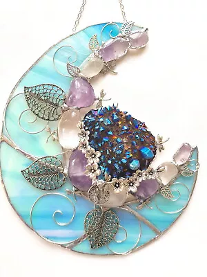 Buy Turquoise Moon Titanium Geode Amethyst Quartz Suncatcher Dragonfly Stained Glass • 70£