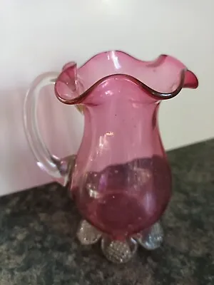 Buy Vintage Small Hand Blown Cranberry Glass Jug With Ruffled Rim And Glass Feet-A5 • 4£
