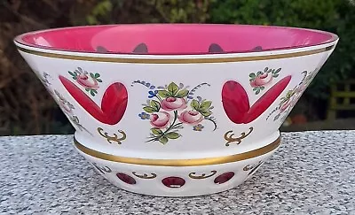 Buy Vintage Moser White Enamel And Cranberry Cut Glass Bowl - Hand Painted Flowers • 15£
