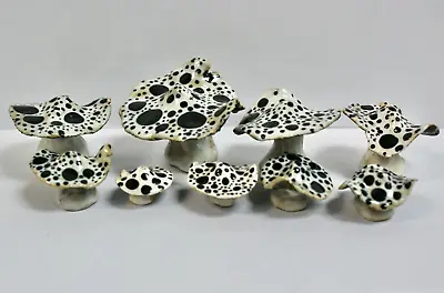 Buy Set Of 9 Graduated Hand Crafted Pottery Mushrooms, White With Black Spots • 15£