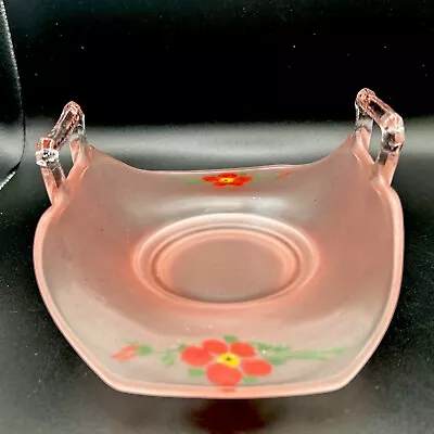 Buy Pink Satin Depression Glass Painted Flower Lancaster Octagon Nappy Dish Handles. • 13.28£