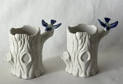 Buy 2 X Matching Vintage WADE Porcelain White Log With Birds Blue Tits? Posey Vases • 11.50£