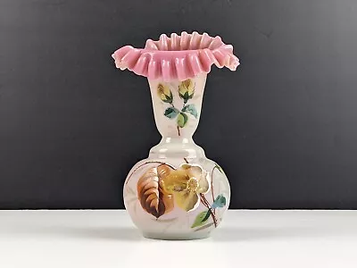 Buy 19th Century Bohemian Pink And White Opal Glass Vase With Floral Decoration • 20£