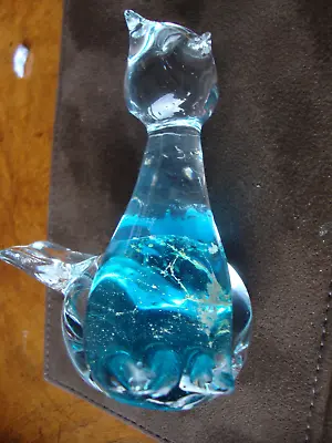 Buy Stunning Mdina Glass Art Glass Cat Paperweight Blue Gold Detail -Signed • 15£