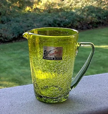 Buy Vintage MCM Pilgrim Lime Green Crackle Glass Pitcher Labeled 4  Tall • 13.22£