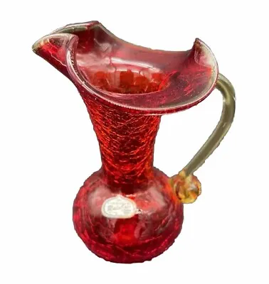 Buy Rainbow Hand Blown Amberina Crackle Glass Mini Pitcher / Vase Red/Yellow GLOWS • 19.28£