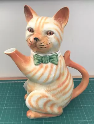 Buy H.J Wood Ginger & White Stripe Cat Teapot Green Bowtie Pussy Foot Rare  JC1420 • 9.99£
