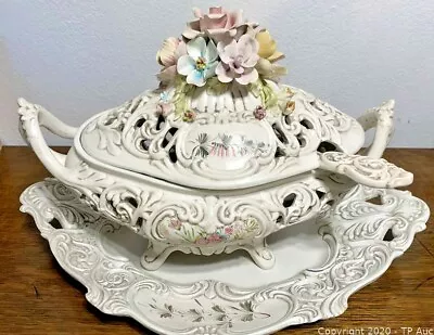 Buy Vintage V. Bassano Porcelain Floral Tureen Platter Made In Italy • 274.45£