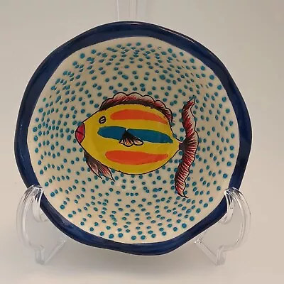 Buy Alba Mexico Talavera Art Pottery Bowl Hand Painted  Fish Blue Raised Dots Signed • 24.06£