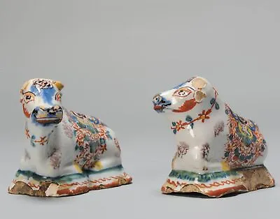 Buy Pair Antique 18th C Miniature Cows Delftware Dutch Pieces Polychrome • 871.78£