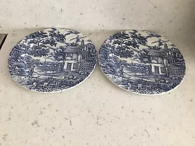 Buy English Staffordshire Blue And White Dinner Plates Pair. The Hunter C 1980 • 15£