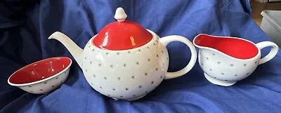 Buy Susie Cooper Bone China Teapot Creamer Sugar + 3 Saucers Red & White Starburst • 52.13£