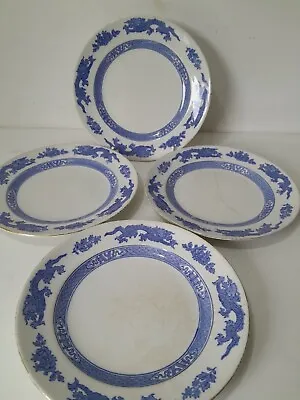 Buy Vintage C1925 Cauldron Dragon Plates X 4 Blue & White Crazing • 14.95£