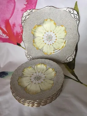 Buy Vintage Tuscan Bone China - 6 Side Plates & Cake Plate - Yellow Flower Poppy • 49.95£