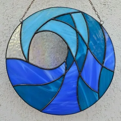 Buy Blue Ocean Wave Round Stained Glass Panel 10  For Window Hanging Or Wall Decor • 123.14£