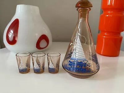 Buy Vintage Midcentury 60's Peach Glass Decanter And Ship Design With 3 Glasses Used • 15£