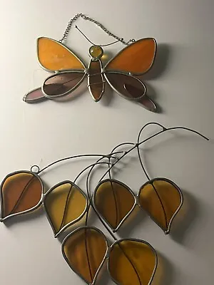 Buy Vintage Stained Glass Leaves And Butterfly Window Hanger Suncatcher • 33.19£