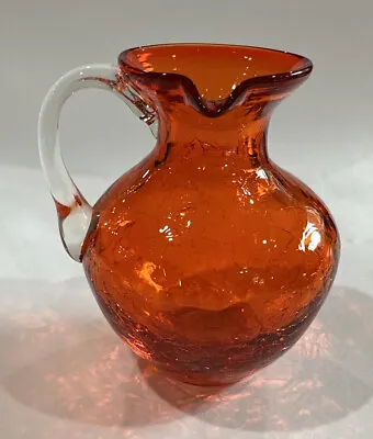 Buy Antique Crackle Glass Pitcher Vase Orange Clear Handle Side Spout • 11.42£