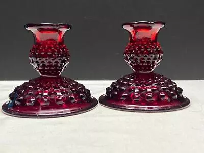 Buy Gorgeous Pair Of Vintage RUBY RED FENTON HOBNAIL CANDLESTICKS ~ Set Of 2 • 18.60£