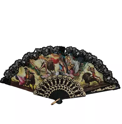 Buy VINTAGE Spanish Hand Fan Afternoon Of The Bulls Tarde De Toros Fabric Lace • 14.99£