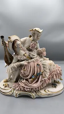 Buy Vintage German Volkstedt Franz Witter Porcelain Lace Figurine Couple W Lute 8  • 221.17£
