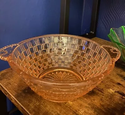 Buy Vintage  1930s Pressed Glass Basket Weave Serving Fruit Bowl | Amber Pink Colour • 14.50£
