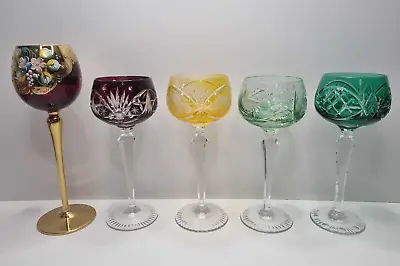 Buy Bohemian Mixed Colours Cut Clear CRYSTAL 5 Wine Glasses Goblet 8  • 109.99£