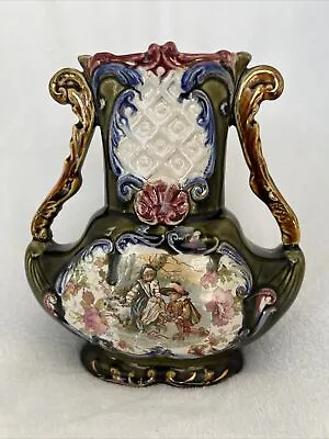 Buy VTG Transfer Ware Vase Amphora Urn Two Handled Made In England Green Gold • 18.99£