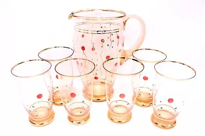 Buy Vintage GLASS PITCHER JUG & TUMBLERS Hand Painted Pink Glassware Set - F08 • 19.95£