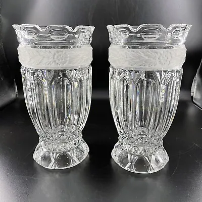 Buy Imperial Crystal 24% Lead 9.5  Vase PAIR From Slovakia Cut & Frosted Border • 118.59£